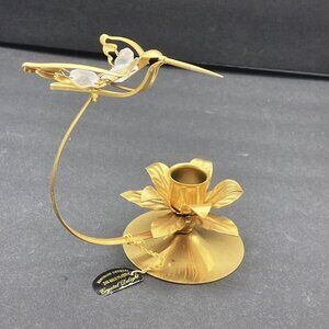 Austrian Crystal Delight Hummingbird Flower Candle Holder 24K Gold plated NEW 6”